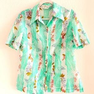 Vintage ALEX COLMAN 1970s Blouse Semi-sheer shirt butterflies birds floral
